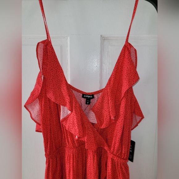 Express Coral Polka Dot Print VNeck Flutter Sleeve Ruffle Maxi Dress, Size M - Picture 2 of 10